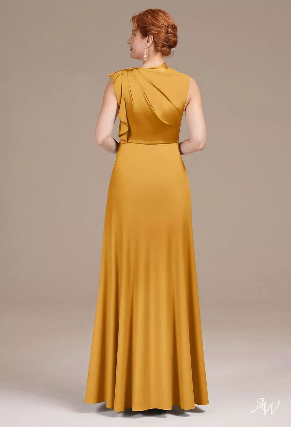 AW Aston Dress, Navy Satin Charmeuse Floor Length Bateau Neckline